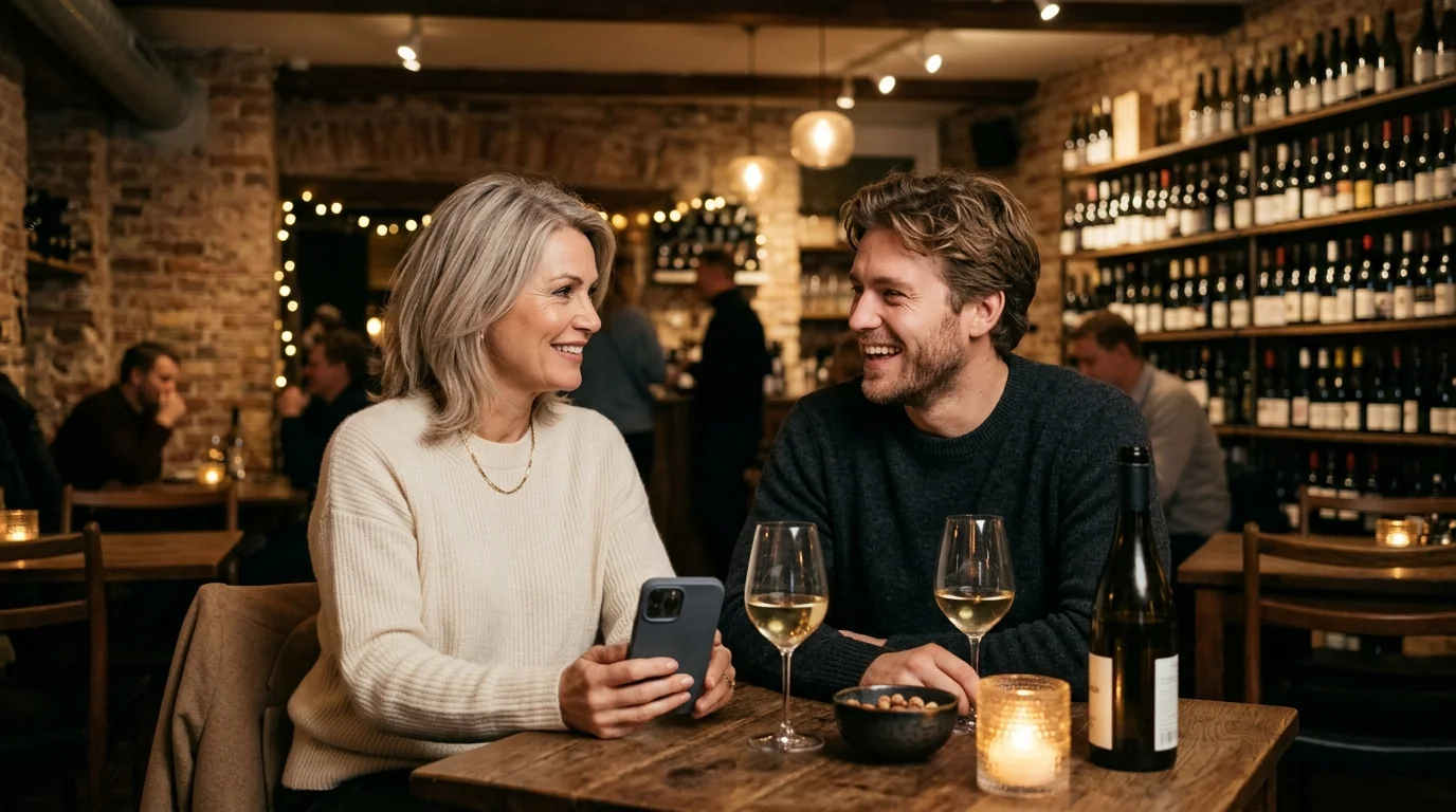 Moden dansk kvinde og yngre mand på hyggelig vinbar med smartphone