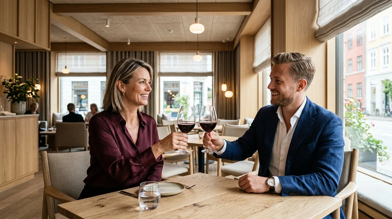 Dansk Sugar Mama og yngre mand nyder et glas vin i en lys lounge i København